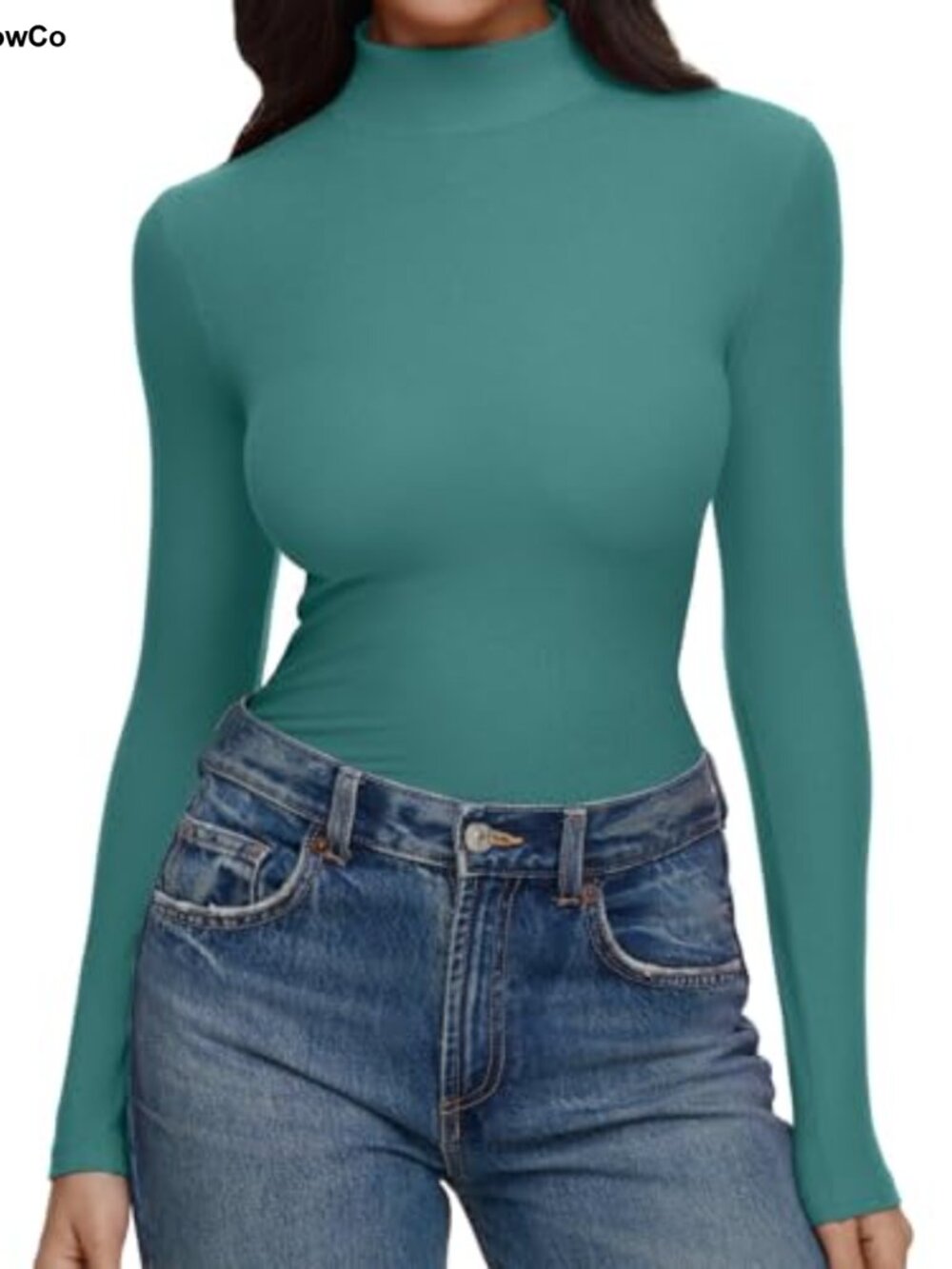 REORIA Ribbed Mock Neck Long Sleeve Tee Slim Fit Basic Layering Top